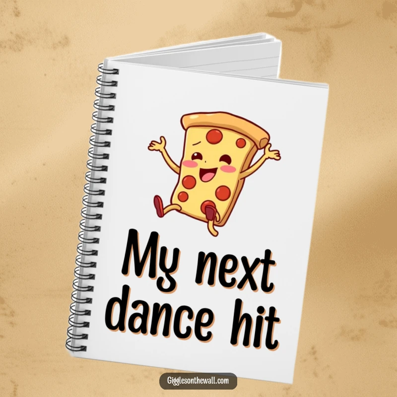Funny pizza slice notebook with legs dancing enthusiastically, clumsy yet joyful, humorous stationery for ideas.