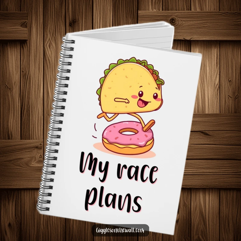 Funny notebook with a taco runner tripping over a donut during a marathon, perfect for jotting ideas with humor.