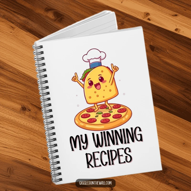 Funny Taco Chef Victory Notebook: A notebook featuring a taco in a chef hat doing a victory dance on a pizza, ideal for humorous planning.