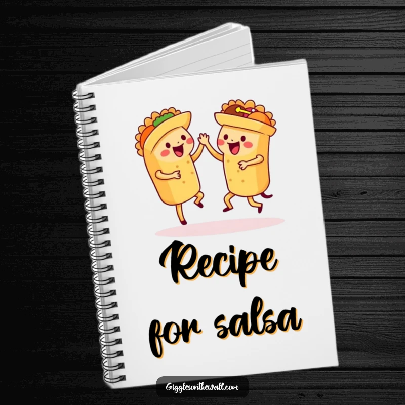 Funny dancing tacos notebook, featuring a set of tacos performing a synchronized salsa dance, ideal for notes.