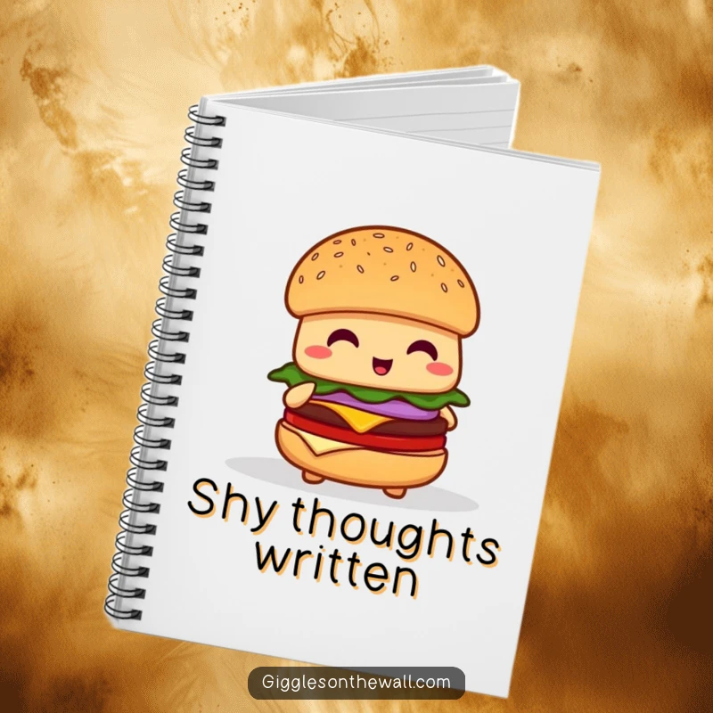 Funny shy hamburger notebook, featuring a timid burger character attempting to give a speech, ideal for journaling.