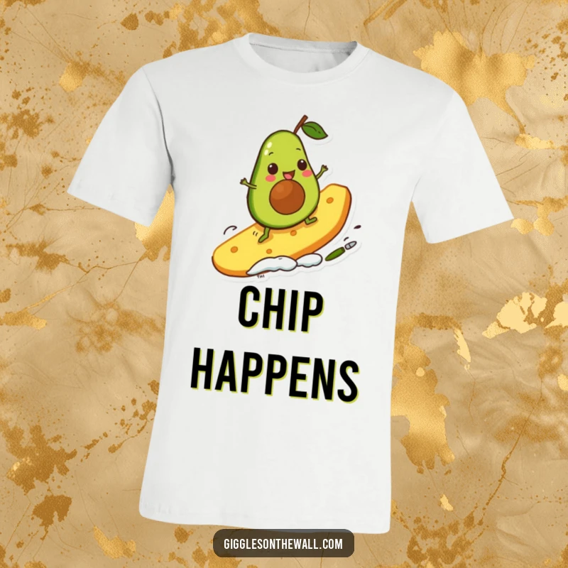 Funny avocado character comically surfing a giant chip, embodying a spirit of fun and unexpected adventure on a t-shirt.