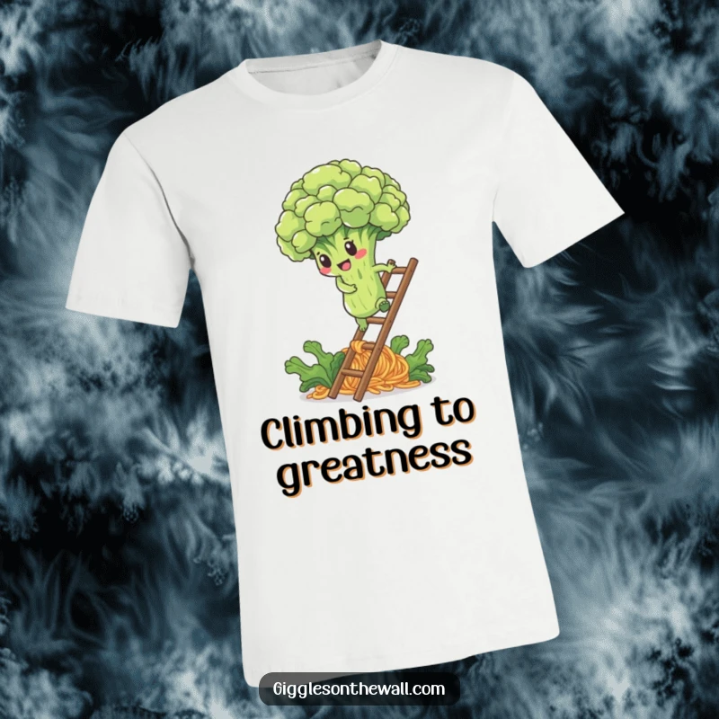 Funny t-shirt depicting a determined broccoli floret climbing a noodle ladder, representing perseverance and healthy eating.