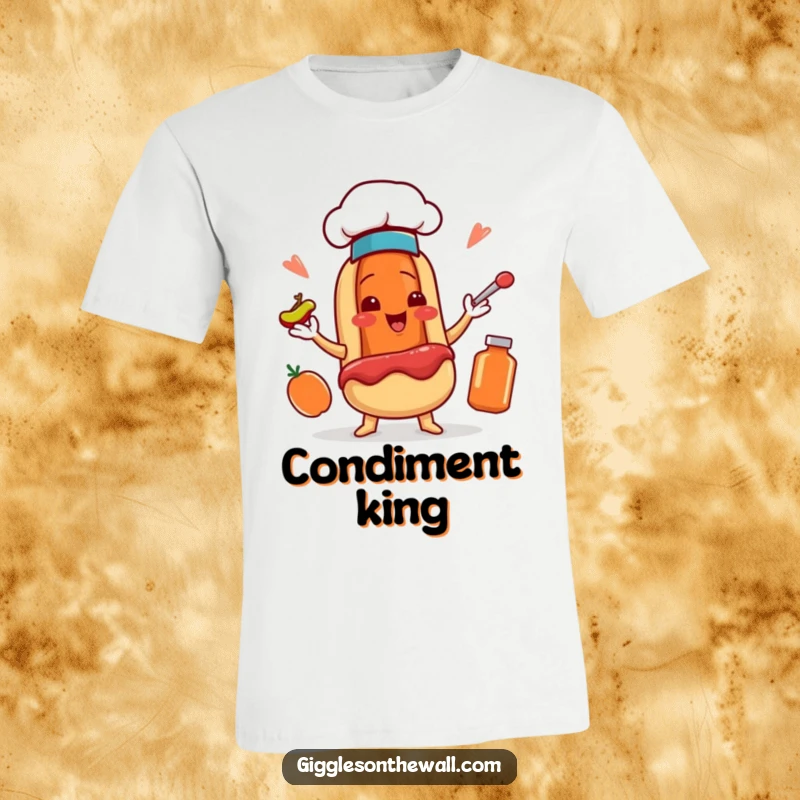 Funny t-shirt showcasing a smiling hot dog wearing a chef hat, juggling ketchup and mustard with comedic skill.