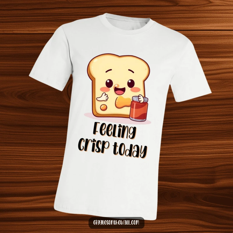 Funny t-shirt featuring a sentient slice of toast attempting a selfie with jam, perfect for breakfast lovers.