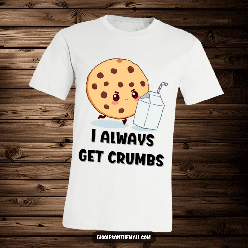 Funny t-shirt featuring a determined giant cookie chasing a tiny milk carton, embodying a pursuit fueled by deliciousness.