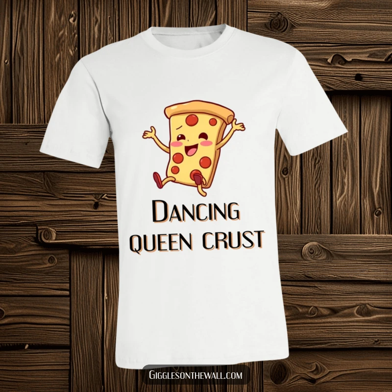 Funny pizza slice t-shirt with legs dancing enthusiastically yet clumsily, vibrant and joyful apparel.