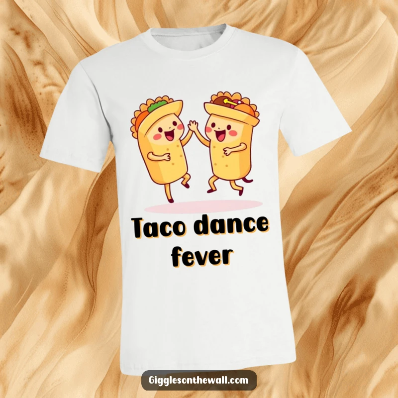 Funny dancing tacos t-shirt, showing a group of tacos performing a synchronized salsa dance, full of energy.