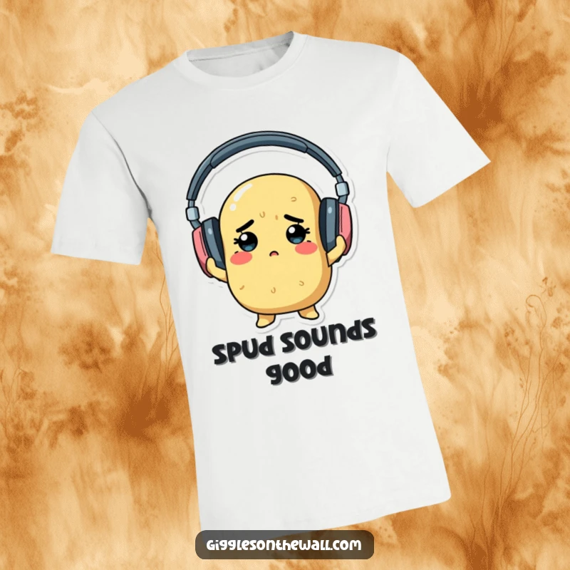 A determined potato hilariously wrestling with oversized headphones, designed on a funny t-shirt for music lovers.