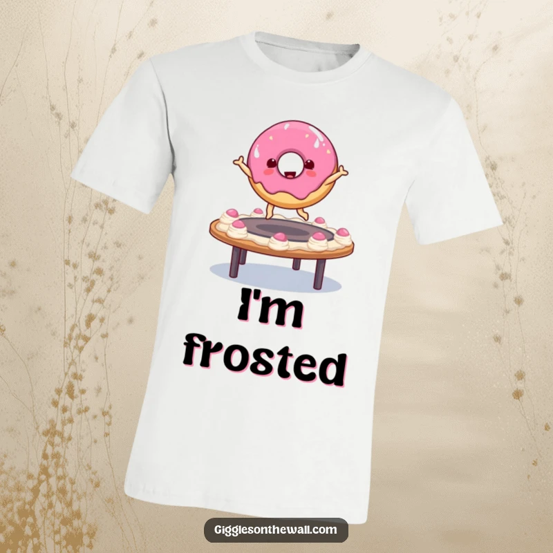 Funny donut character energetically bouncing high on a frosting trampoline, showcased on a t-shirt for maximum fun and sweetness.
