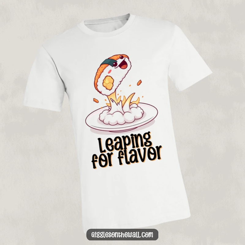 Funny piece of sushi dramatically leaping off a plate, conveying action and humor, ideal funny gift.