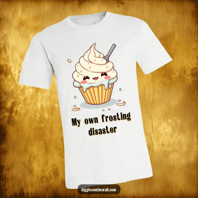 Funny t-shirt showcasing a cupcake character hilariously trying to frost itself, creating a delightful and messy situation.