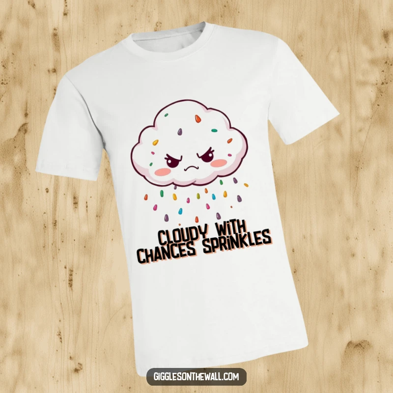 Funny grumpy cloud character showering colorful sprinkles instead of rain on a t-shirt, creating a whimsical and humorous visual.