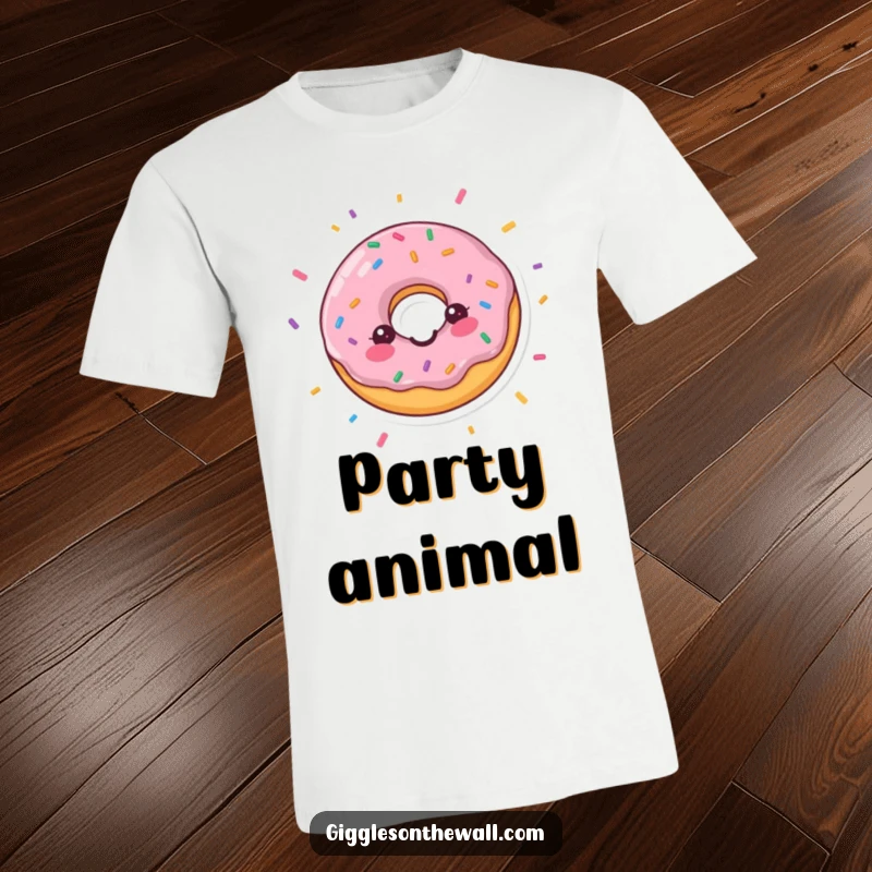 Funny t-shirt with a joyful donut surrounded by falling confetti, a wearable celebration and a delightful funny gift.