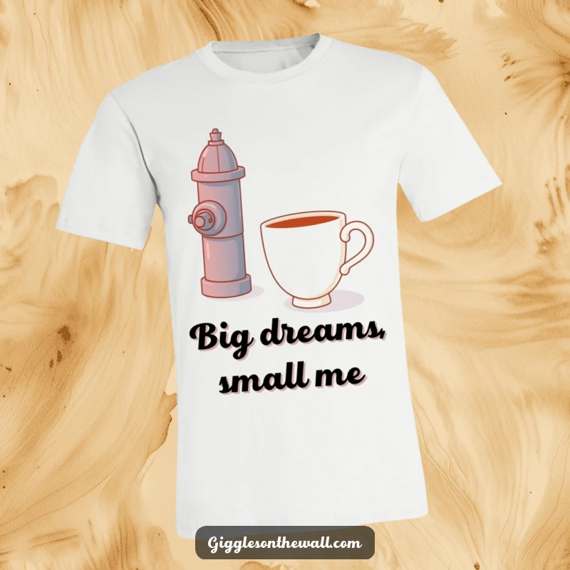 Funny t-shirt featuring a lonely teacup trying to hug a big red fire hydrant, quirky and humorous illustration.