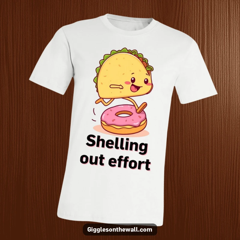 Funny t-shirt showing a taco with legs running a marathon and comically tripping over a donut, celebrating humor.