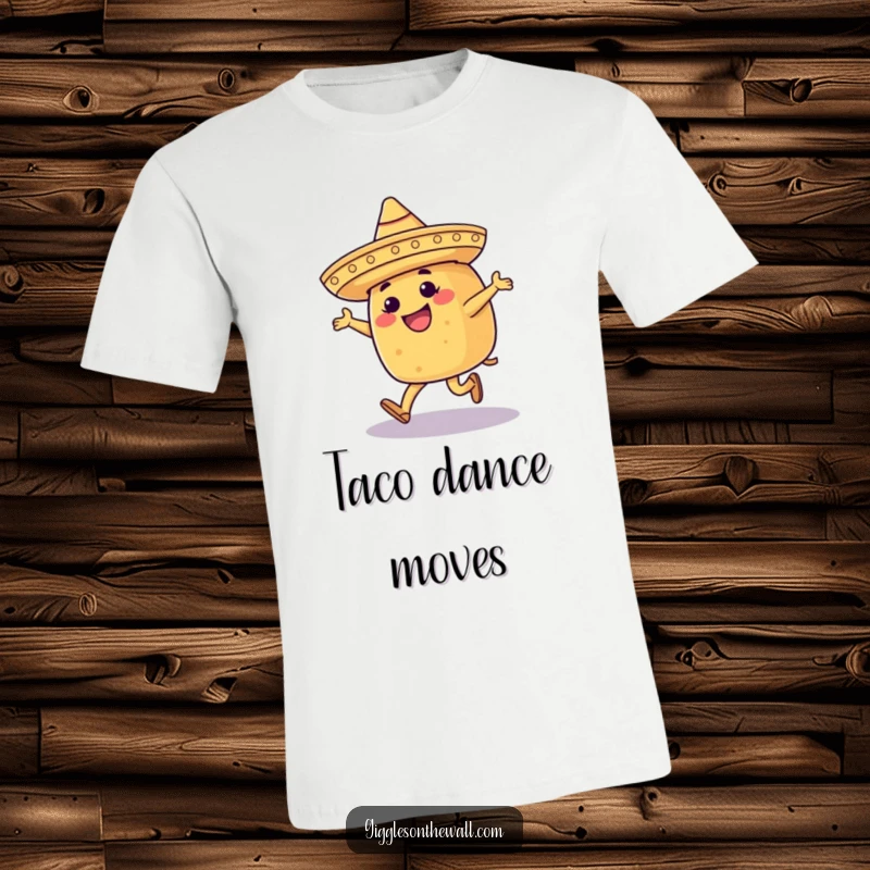 Funny t-shirt featuring a happy taco in a tiny sombrero, moonwalking with flair, perfect for food and dance lovers.