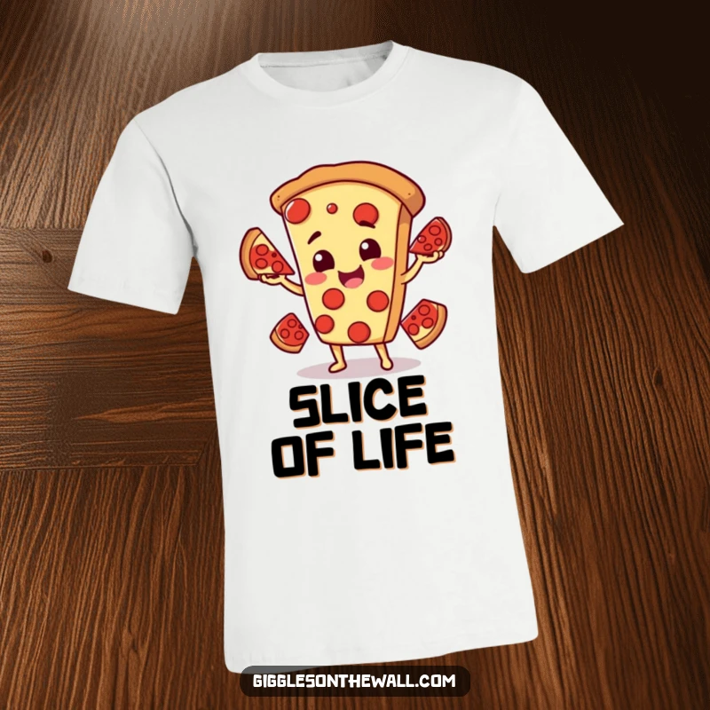 Funny t-shirt featuring a smiling pizza character comically juggling pepperoni slices, showcasing a fun and playful food design.