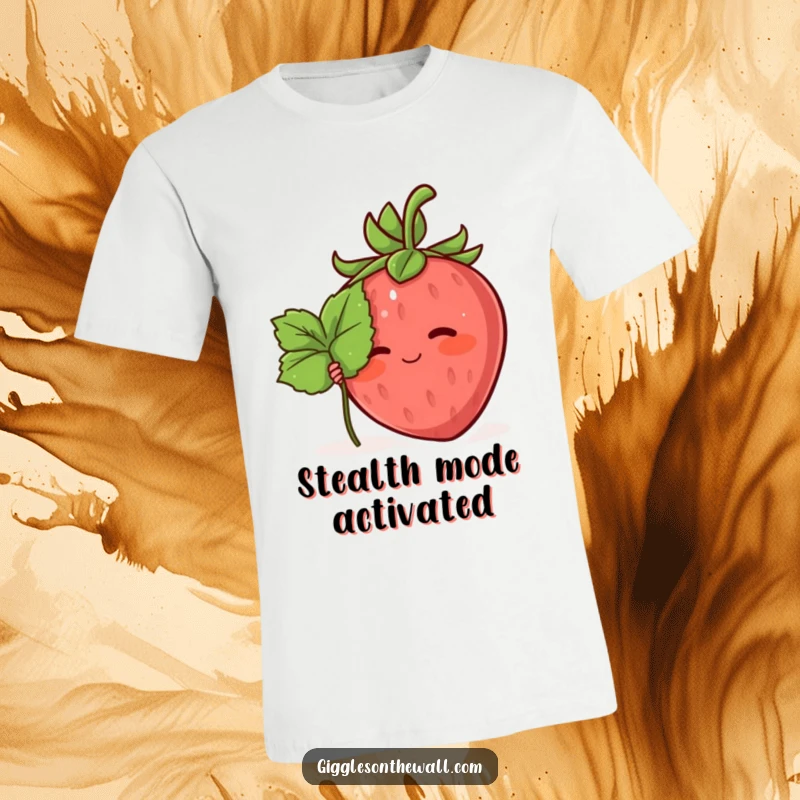 Funny t-shirt showcasing a blushing strawberry character attempting to hide behind a small green leaf, looking shy.
