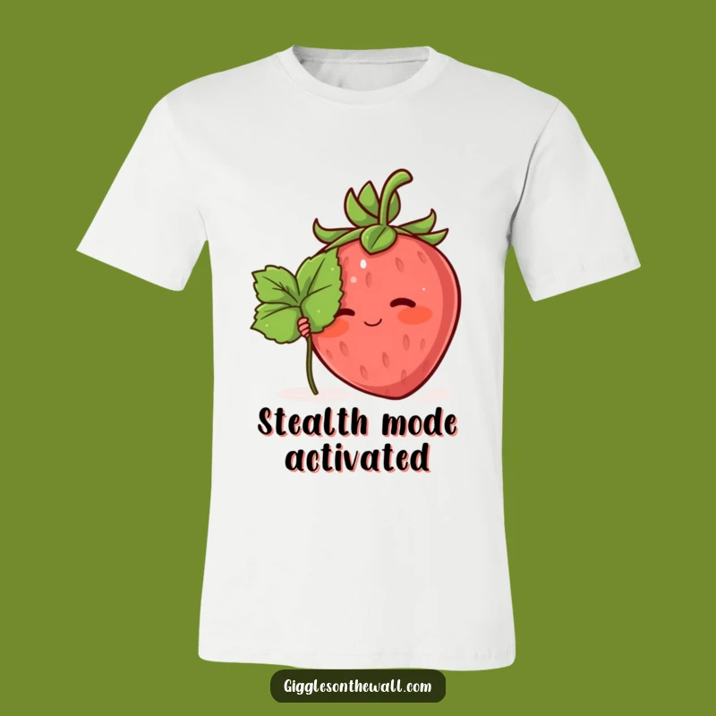 Funny Shy Strawberry T-Shirt: Hiding Leaf Character Tee