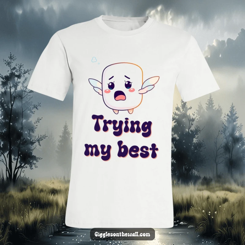 Funny t-shirt featuring a startled marshmallow character with tiny wings, hilariously attempting to achieve flight.