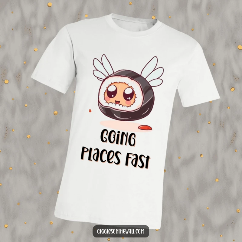 Funny Sushi Flying T-Shirt: A sushi piece with googly eyes humorously attempts to fly using soy sauce packets, displaying a quirky, adventurous design.