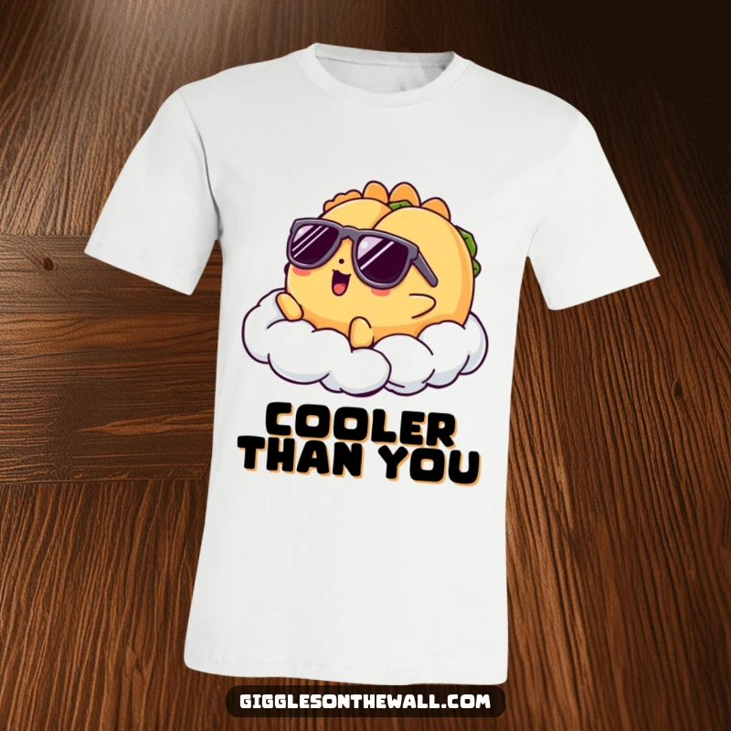 Funny t-shirt featuring a taco character in sunglasses lounging coolly on a cloud, embodying a super relaxed and chill persona.