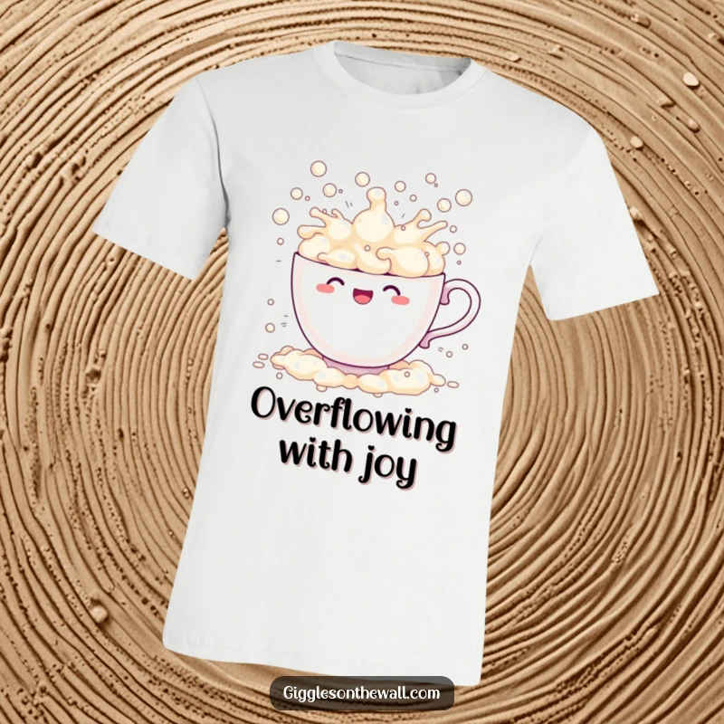 Funny sentient teacup t-shirt comically overflowing with bubbles, splashing energetically, a whimsical and humorous apparel design.