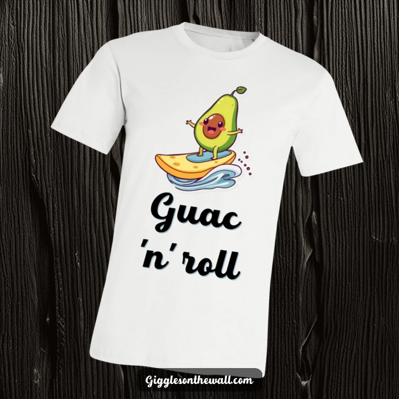 Funny T-shirt featuring a happy avocado character riding a giant chip like a surfboard, a humorous design for food and surf lovers.