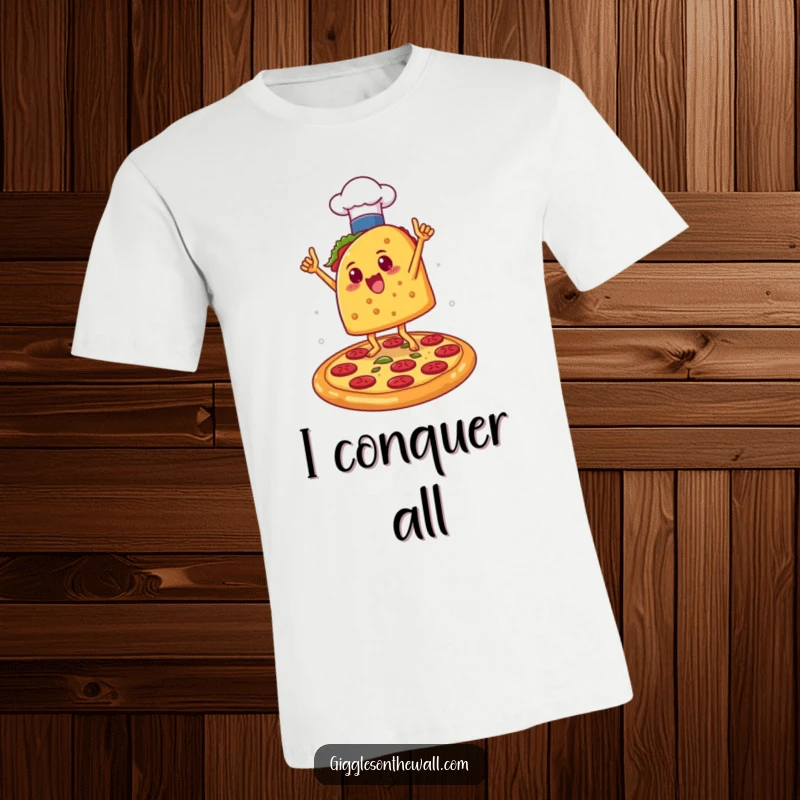 Funny Taco Chef Victory Dance T-Shirt: A taco wearing a chef hat joyfully dances on a pizza, showcasing humorous culinary triumph and delicious victory.