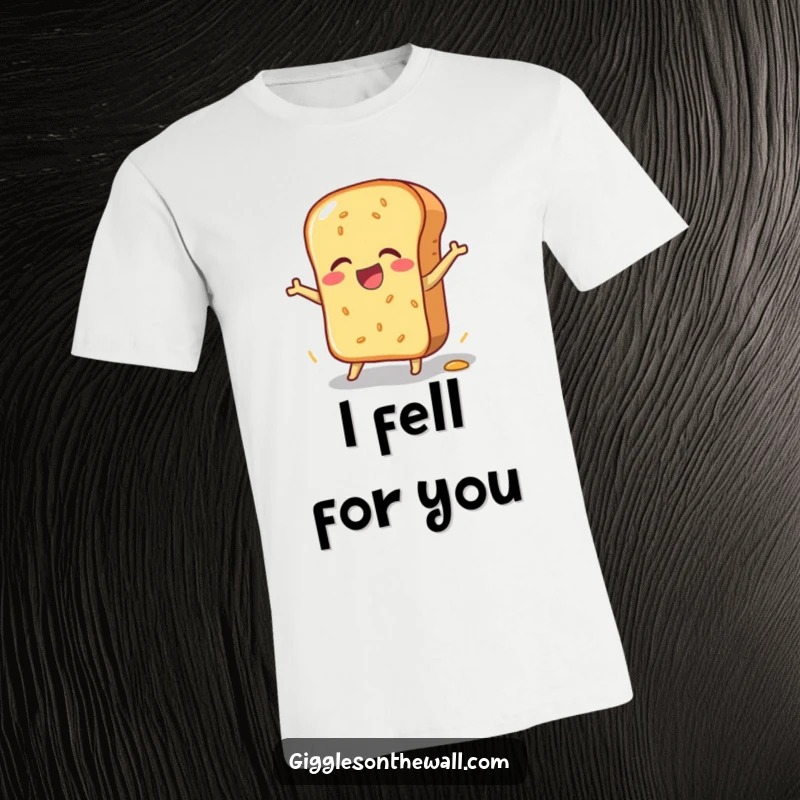 Funny t-shirt with a bread loaf in a clumsy, joyful pratfall, a humorous statement for embracing life's mishaps, a great funny gift.