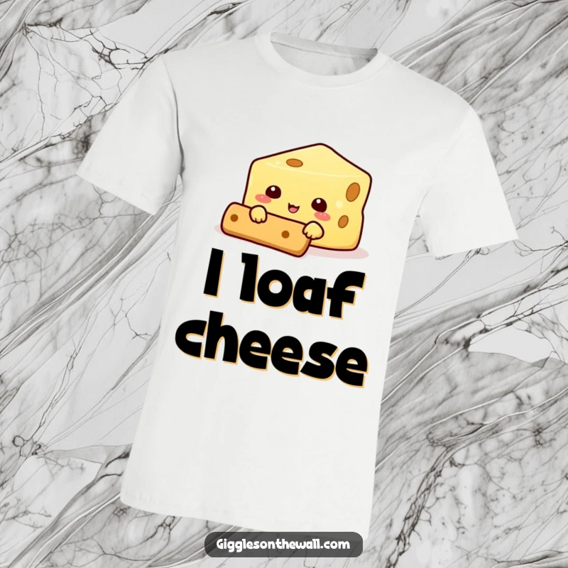 Funny T-shirt with a smiling cheese character attempting to conceal itself behind a cracker, a witty depiction of a food escape.