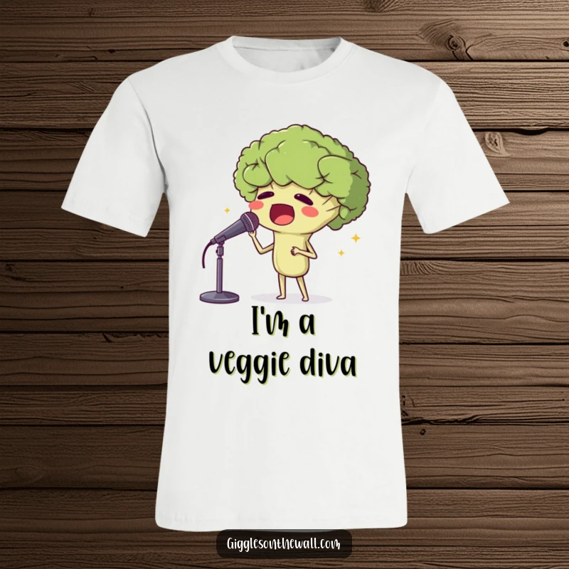 Funny t-shirt depicting a proud broccoli head singing opera with dramatic flair, embodying a powerful voice and veggie pride.