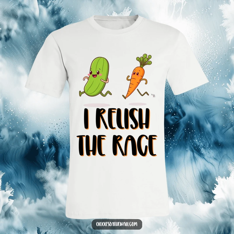 Funny t-shirt illustrating a pickle sprinting ahead of a carrot in a comical race, vegetable duel.