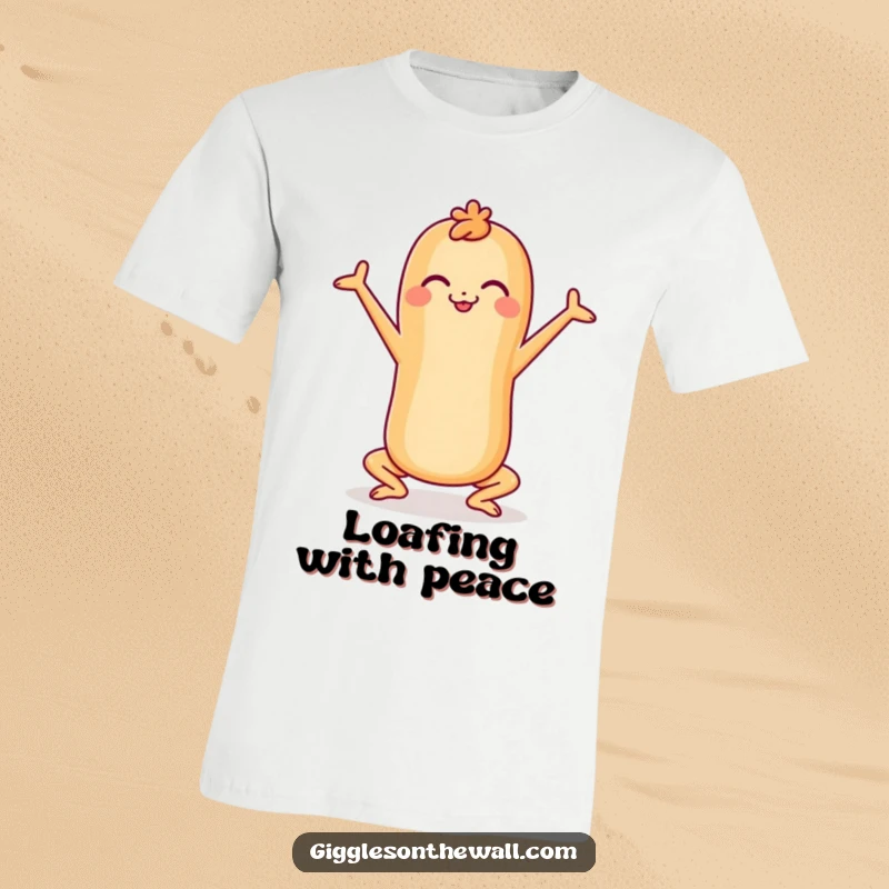 Funny cheerful baguette in a yoga pose on a t-shirt, promoting wellness and humor, ideal funny gift.