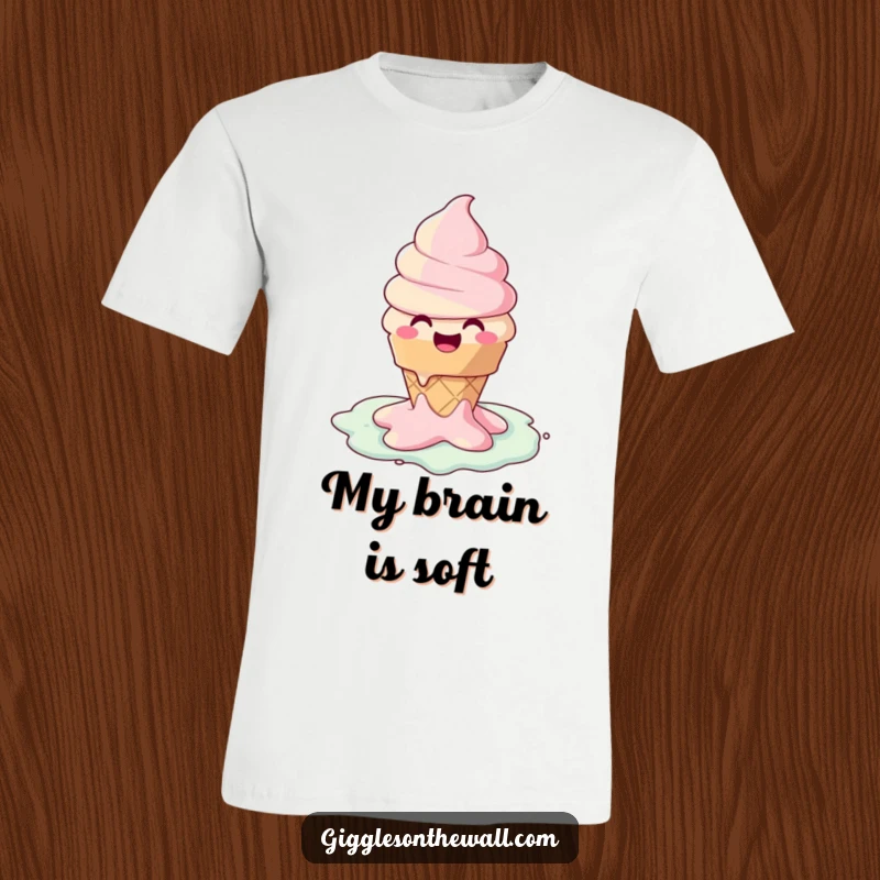 Funny t-shirt with a happy ice cream cone character joyfully melting into a colorful puddle, radiating pure happiness.