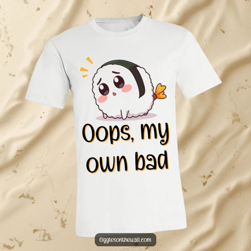 Funny t-shirt with a cute sushi character comically tripping over its own tail, displaying a shocked and surprised expression.
