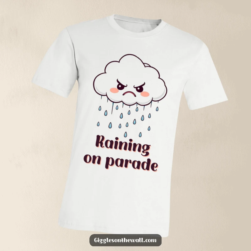 Funny grumpy cloud t-shirt, showing a dark cloud raining tiny, disgruntled, unhappy raindrops with a grumpy expression.