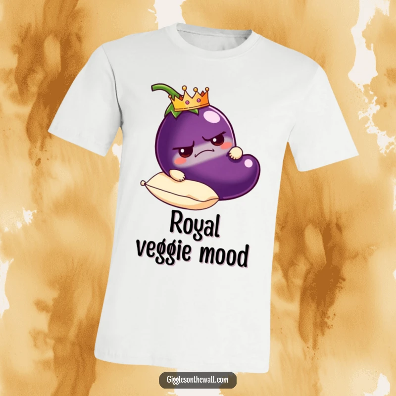 Funny grumpy eggplant t-shirt wearing a small crown, carried on a plush pillow, conveying regal sass and humor.
