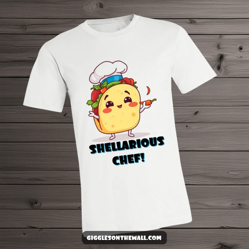 Funny taco in a chef hat, comically juggling small chili peppers, expressing focused silliness, a hilarious apparel design.
