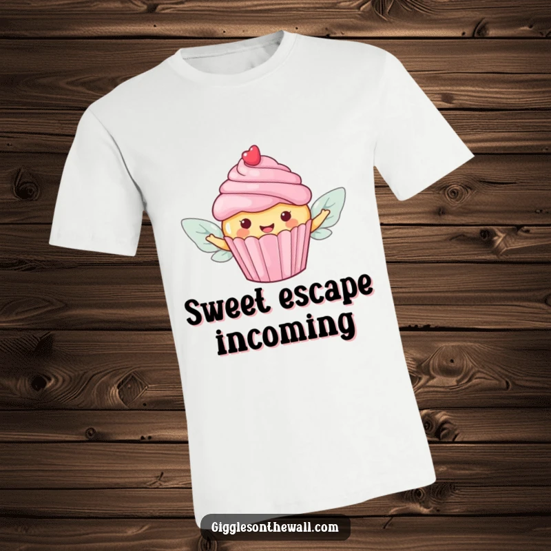 Funny T-shirt featuring a happy cupcake with colorful candy wings, joyfully trying to fly away from mundane life.