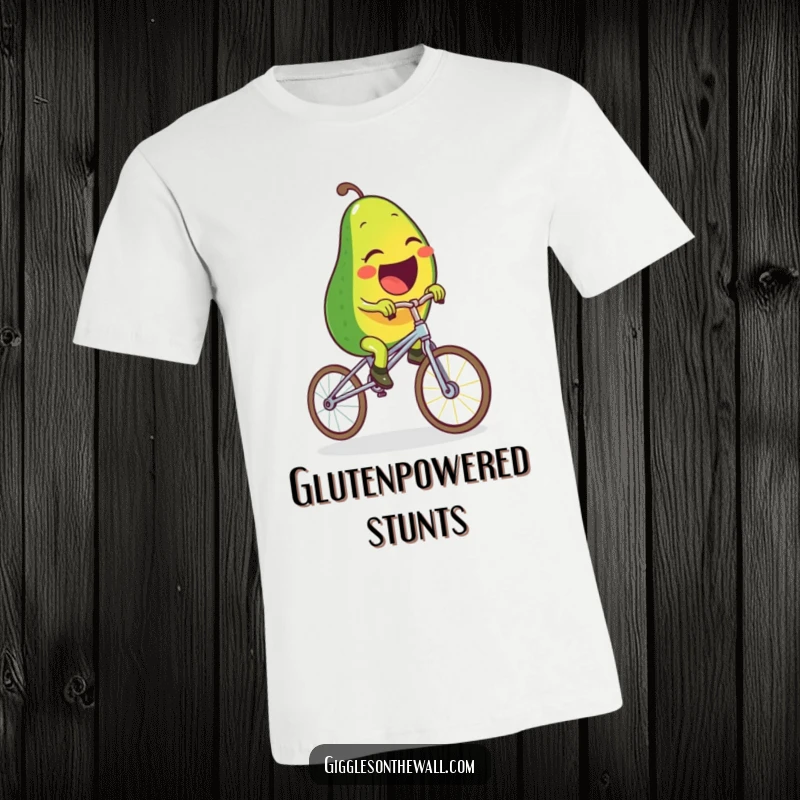 Funny t-shirt graphic of an overjoyed avocado character enthusiastically riding a wobbly unicycle made of spaghetti, full of comedic energy.