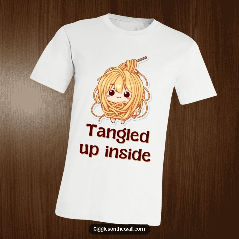 Funny t-shirt featuring a bewildered ramen noodle character comically entangled in its own strands, looking utterly lost.