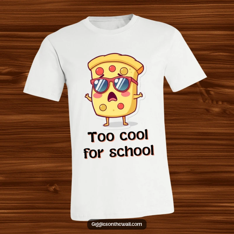 Funny t-shirt showcasing a surprised slice of pizza wearing tiny sunglasses, a humorous and stylish foodie statement.