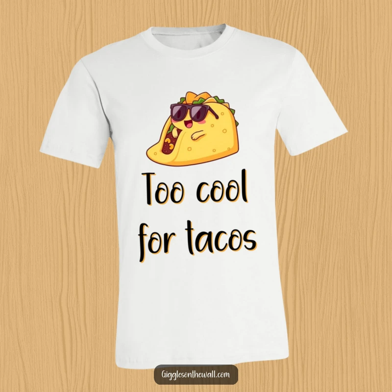Funny lounging taco t-shirt graphic of a taco character wearing sunglasses, casually relaxing on a giant chip.
