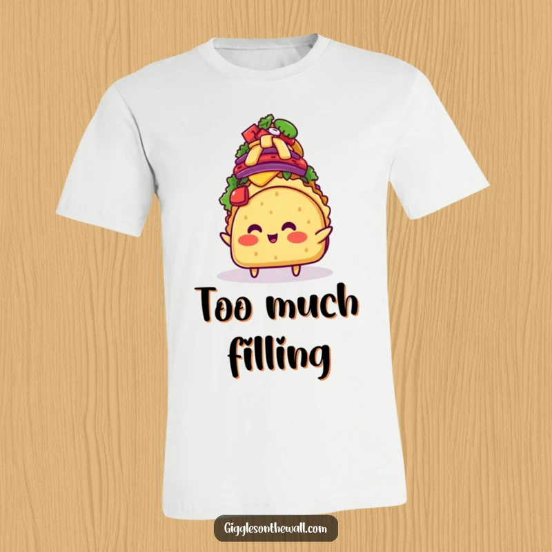 Funny blushing taco character precariously balancing a towering amount of toppings on a t-shirt, depicting comical food-related struggle.