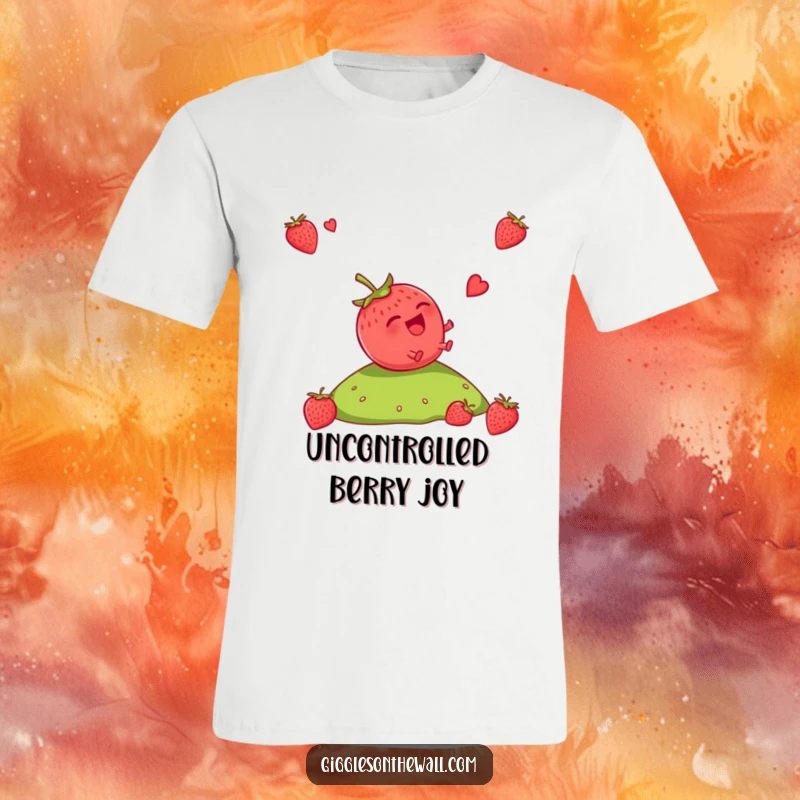 Funny Strawberry T-Shirt: A giggling strawberry tumbling down a slope, capturing a moment of hilarious, uncontrolled fun, a great gift.