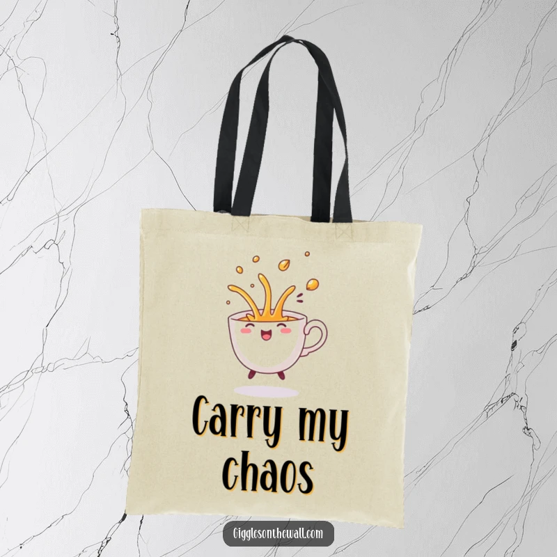 Funny Dancing Teacup Tote Bag, showing a teacup dancing and spilling with a comical flourish, great for groceries.