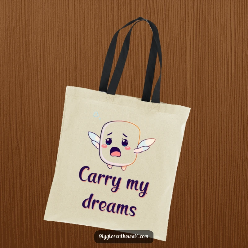 Funny tote bag featuring a startled marshmallow character with tiny wings, hilariously attempting to fly, perfect for carrying items.