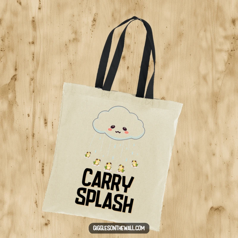 Funny frog rain cloud tote bag showing a cloud with a large tear raining tiny bouncing frogs, great for carrying items with humor.